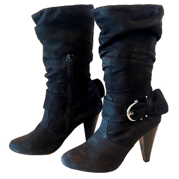 Apt. 9 Women's Black Faux Suede Mid-Calf Cone Heel Boots, Buckle Accents Size 7M - Picture 1 of 10